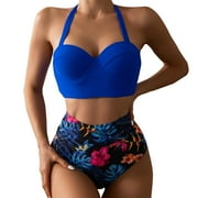Tummy Control Swimsuits for Women Bikini Set for Women Bathing Suit High Waisted Scalloped V Neck Two Pieces Swimsuit Blue,XL